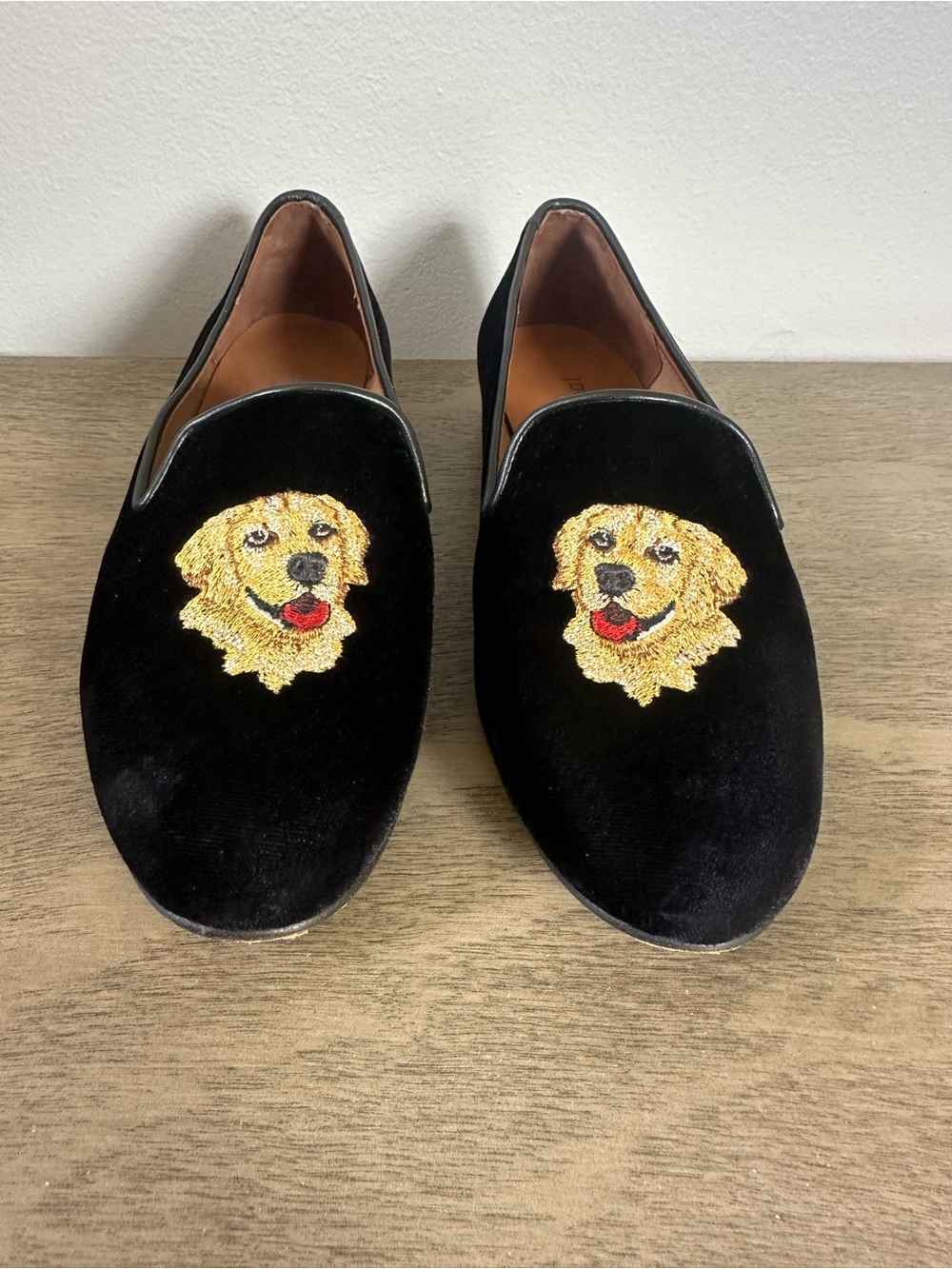 Jon Josef Black Velvet Dog Embroidered Slip-On Loafers Size 6
